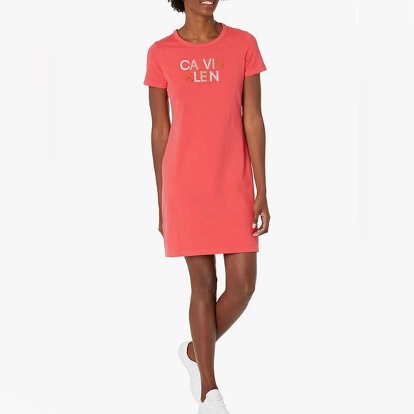 Calvin Klein Dresses & Skirts - Calvin Klein Relaxed Short Sleeve Midi Logo T-Shirt Dress Watermelon Size S